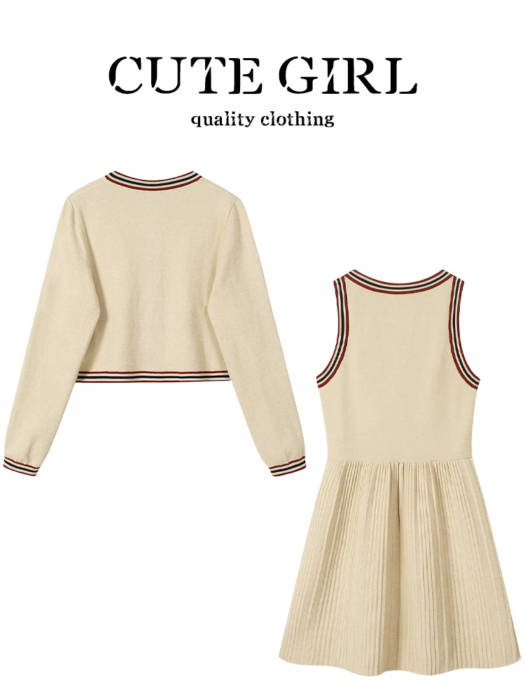 CuteGirl phong cách preppy thêu nơ áo len dệt kim cardigan nữ mùa xuân không tay váy vest bộ đồ hai mảnh