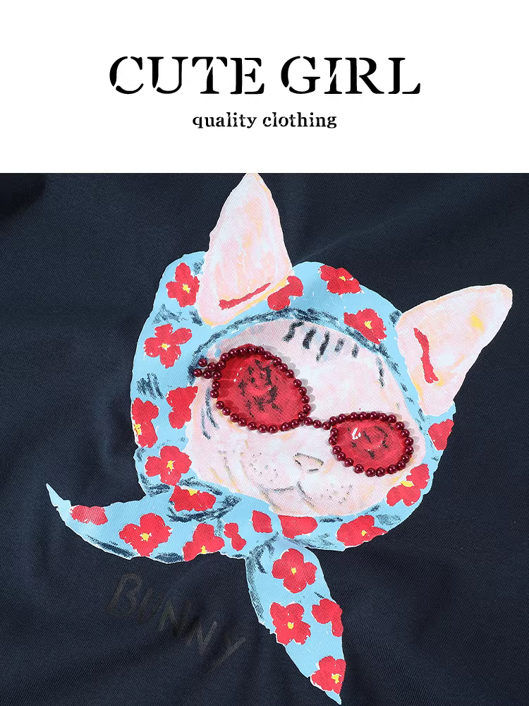 Áo thun ngắn tay cổ tròn in hình siêu phong cách của CuteGirl dành cho nữ, áo thun dáng ôm cao cấp đính cườm mùa hè