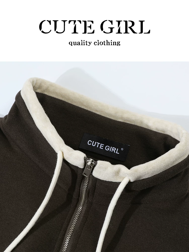 Áo nỉ có mũ trùm đầu màu cà phê lấy cảm hứng từ thiết kế CuteGirl dành cho nữ, áo lót lông cừu đa năng dáng rộng cao cấp mùa thu
