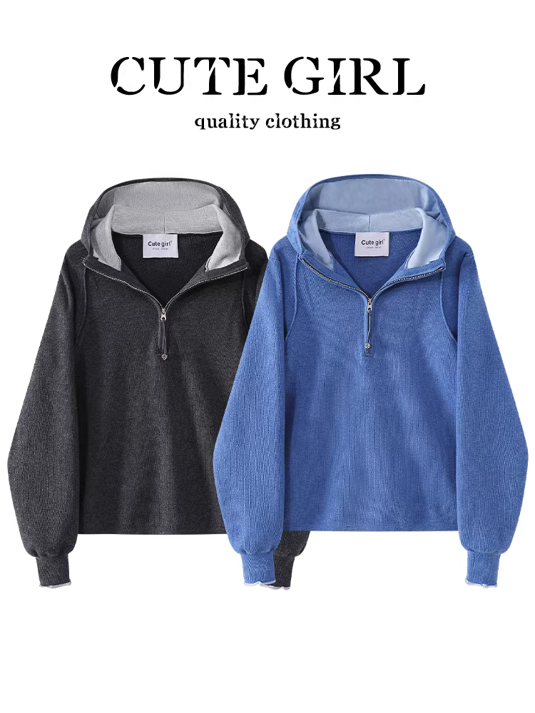 Áo len dệt kim nửa khóa kéo có mũ trùm đầu màu xanh lam phong cách Hàn Quốc dành cho nữ, phong cách lười biếng mùa thu, áo thời trang và đa năng