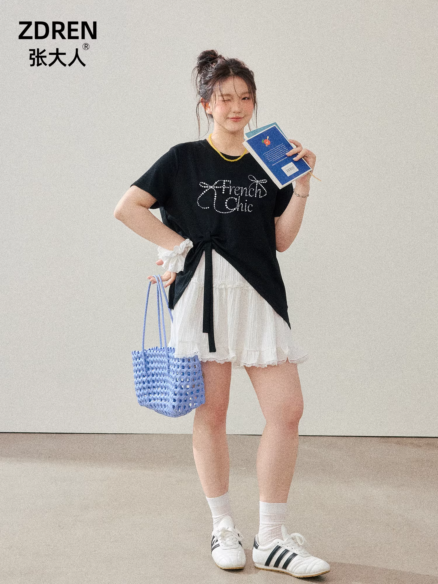 Quần áo nữ cỡ lớn dành cho người lớn, trang phục giảm béo cho các cô gái mũm mĩm, phong cách ngọt ngào và sành điệu, áo thun ngắn tay thiết kế, váy cạp cao.