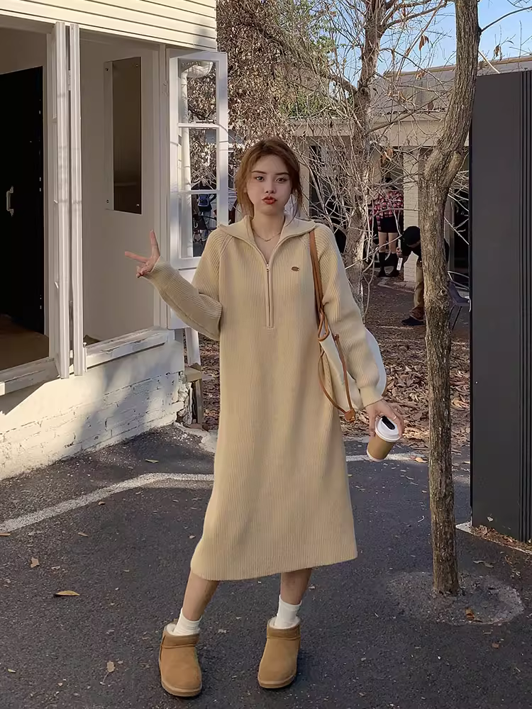 Váy áo len dáng dài vừa phải, dáng suông, tay dài, size lớn, chất liệu len ấm áp của Zhang Daren, mã MM2024.
