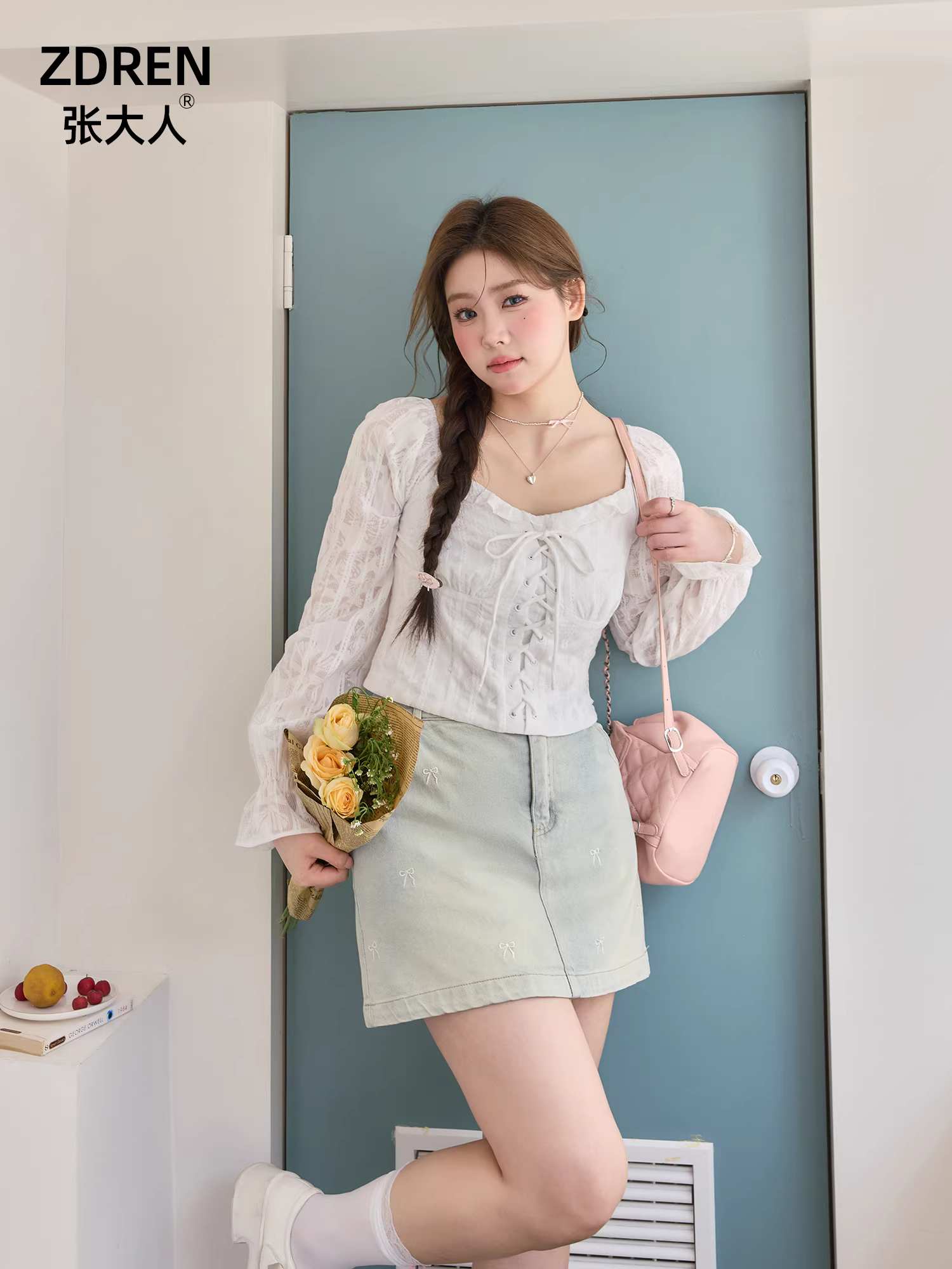 Quần áo nữ cỡ lớn dành cho người lớn, trang phục giảm béo cho các cô gái mũm mĩm, phong cách dịu dàng, áo tươi mới, váy denim dáng chữ A.