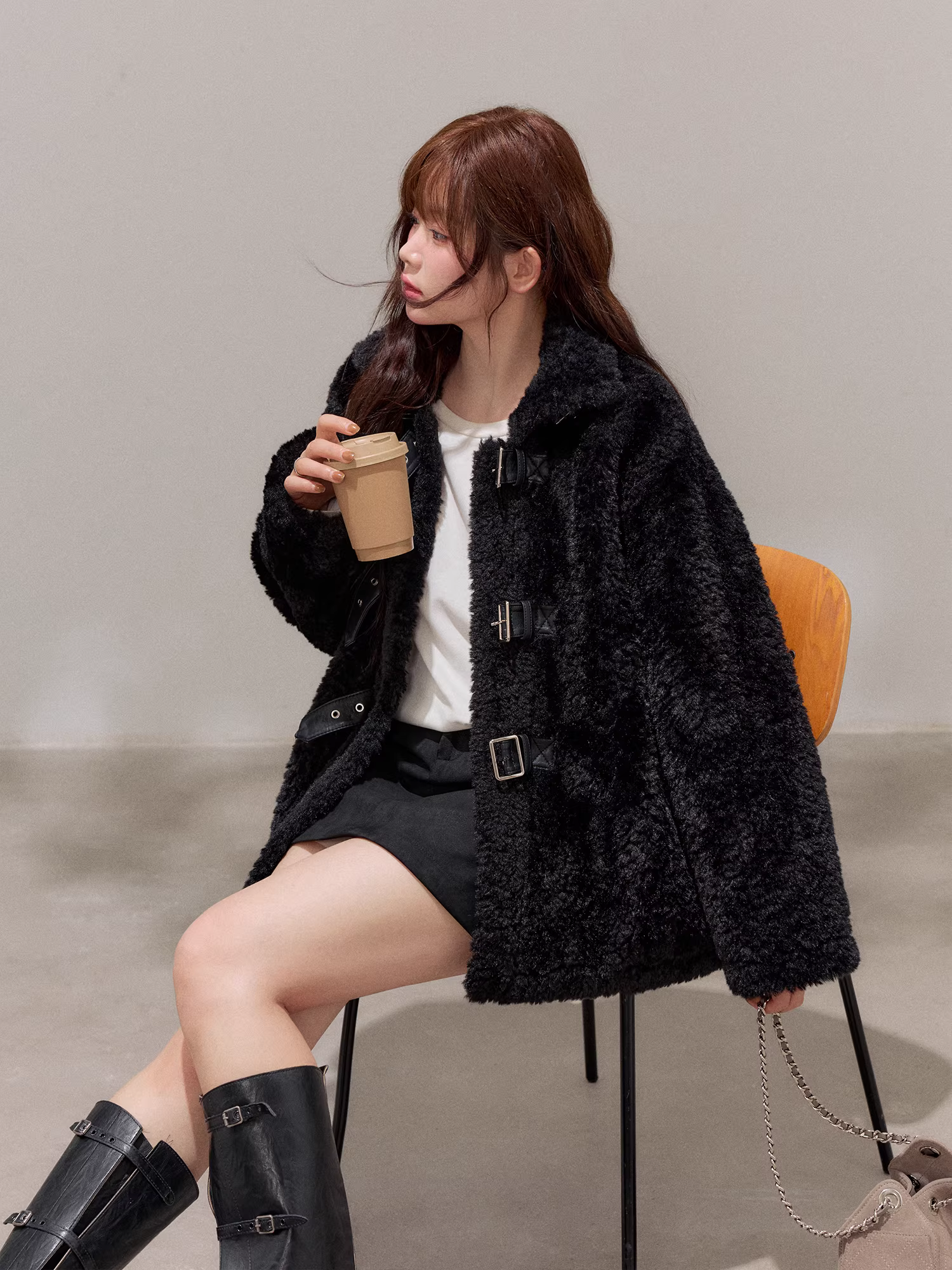 Bộ áo khoác và váy len cừu màu đen thanh lịch, dáng ôm, mùa đông dành cho phụ nữ cỡ lớn, dành cho các cô gái mũm mĩm.