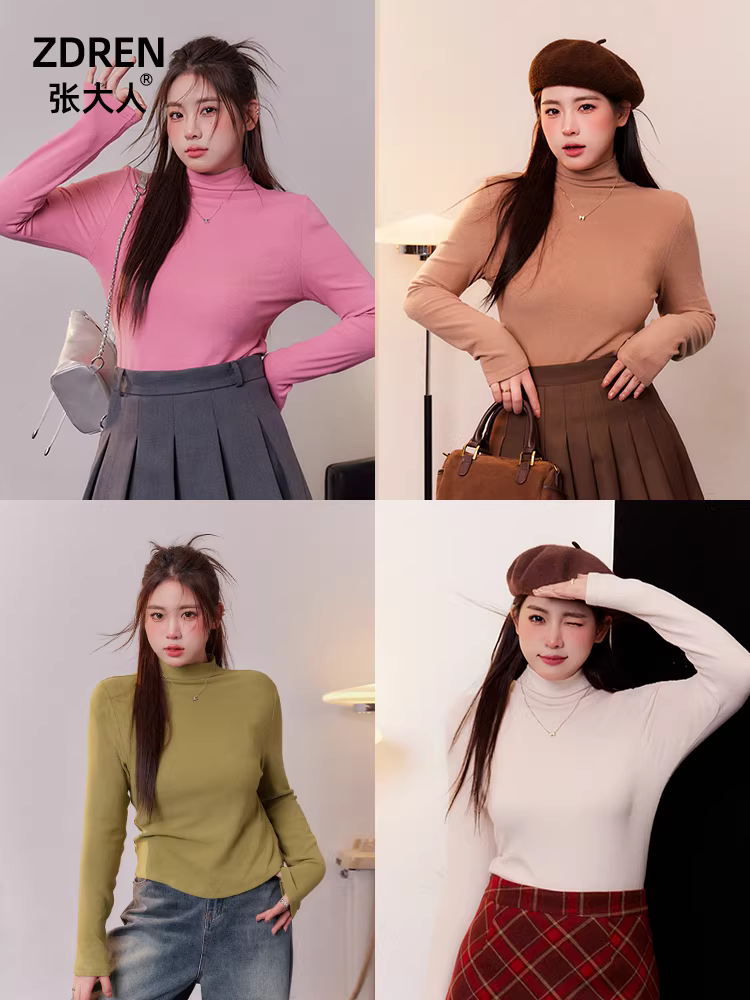 Áo thun nữ Zhang Daren size lớn thu đông 2025, áo thun cổ lọ nửa cao co giãn cao, giúp thon gọn dáng người, tay dài.