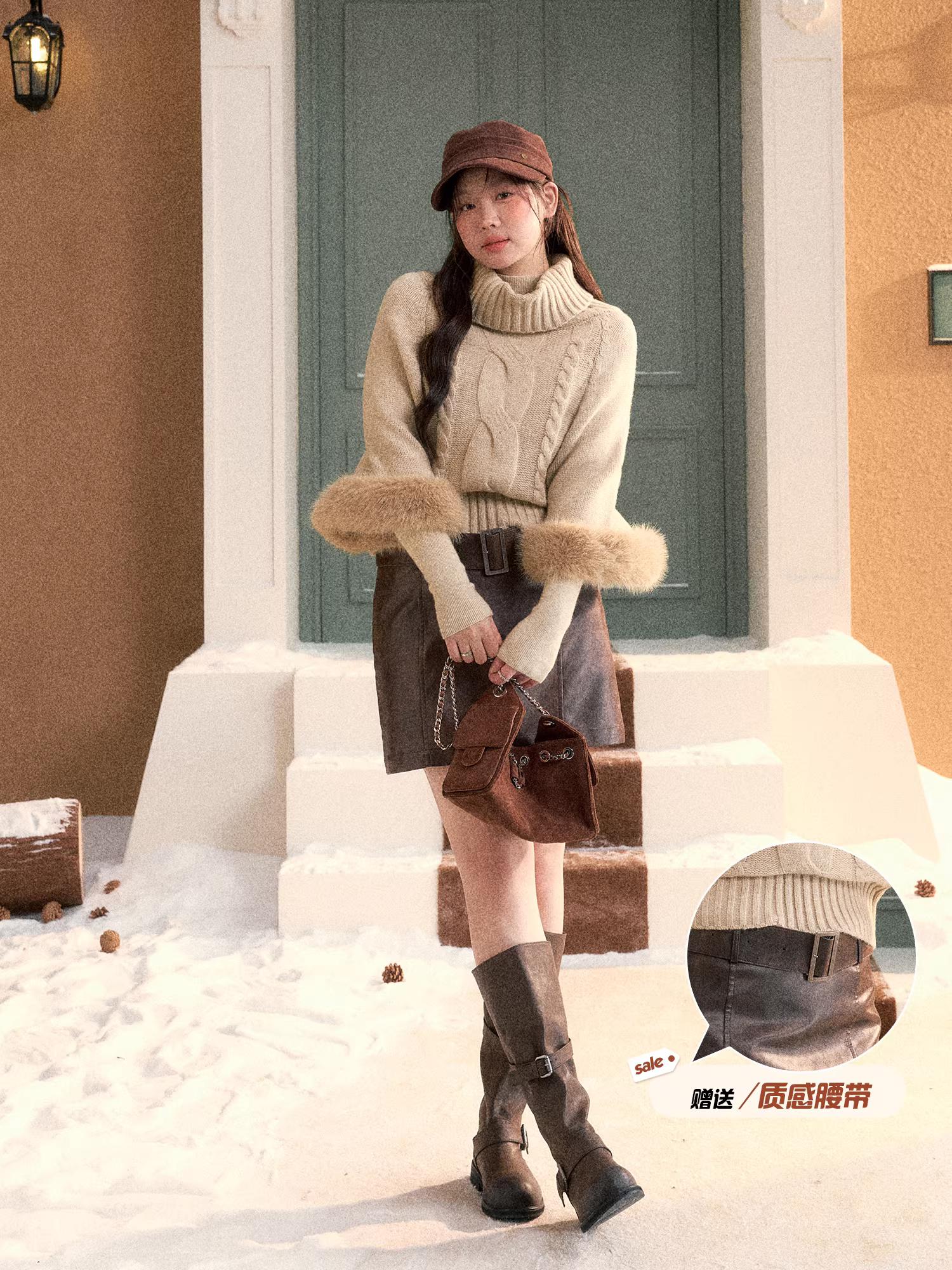 Quần áo nữ cỡ lớn dành cho người lớn, hơi mũm mĩm, phong cách Hàn Quốc, giảm béo mùa đông, phong cách cổ điển, tay áo cánh dơi, áo len cổ lọ và bộ váy da.