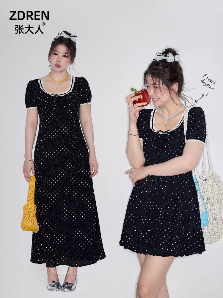 Quần áo mùa hè cỡ lớn dành cho nữ của Zhang Daren dành cho những cô gái mũm mĩm, váy hoa thon gọn, váy đen kiểu Hepburn dự tiệc kiểu Pháp.