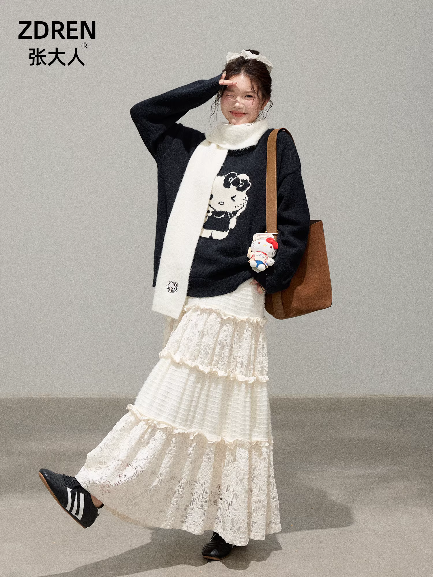 Bộ quần áo nữ cỡ lớn dành cho người lớn, mùa thu đông phong cách Hàn Quốc, áo len dáng ôm dễ thương và chân váy dài màu mơ.