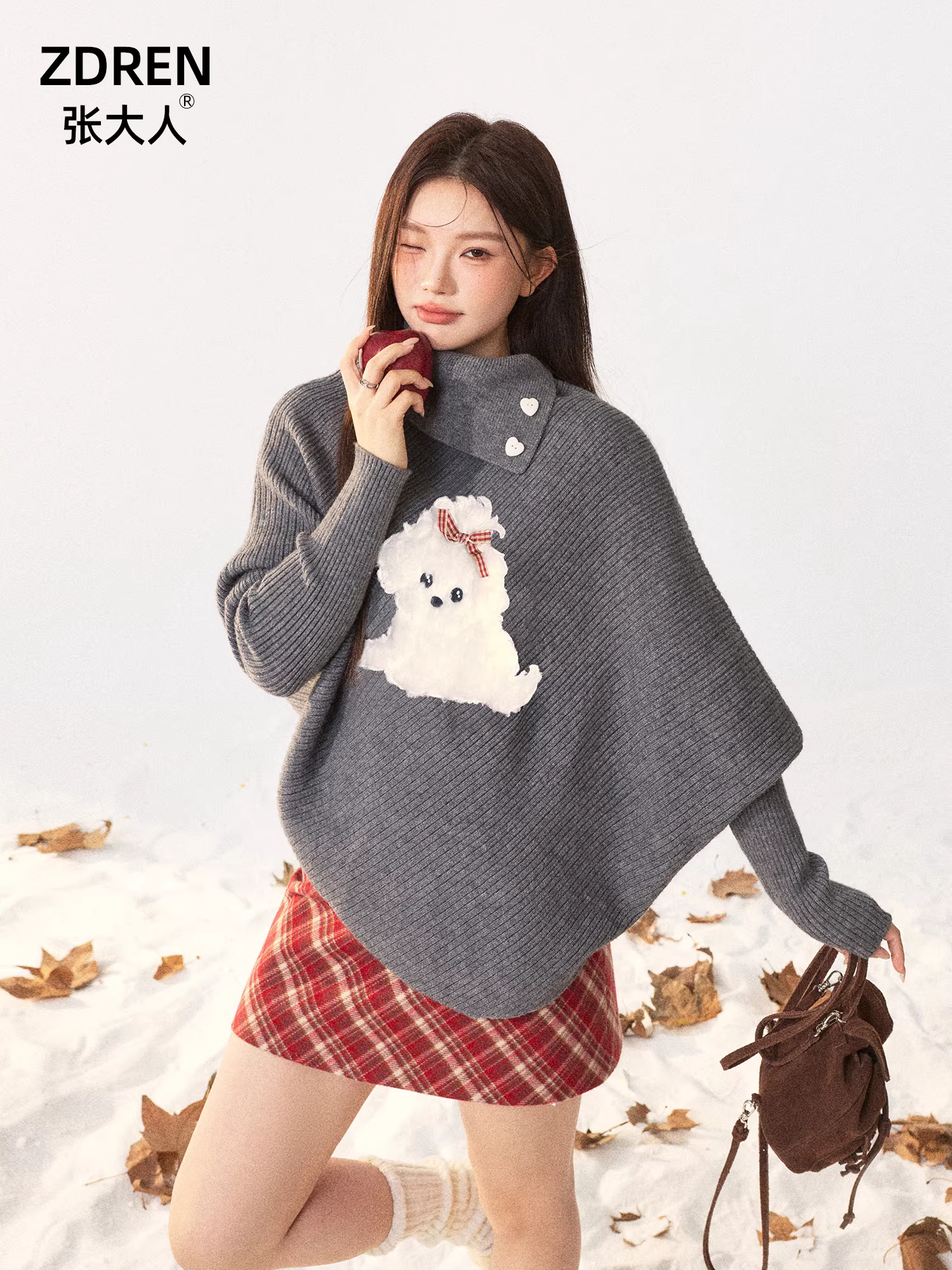 Quần áo nữ cỡ lớn dành cho người lớn, áo len giảm béo phong cách Hàn Quốc có thêu hình chú chó, áo choàng, bộ váy kẻ sọc đỏ.