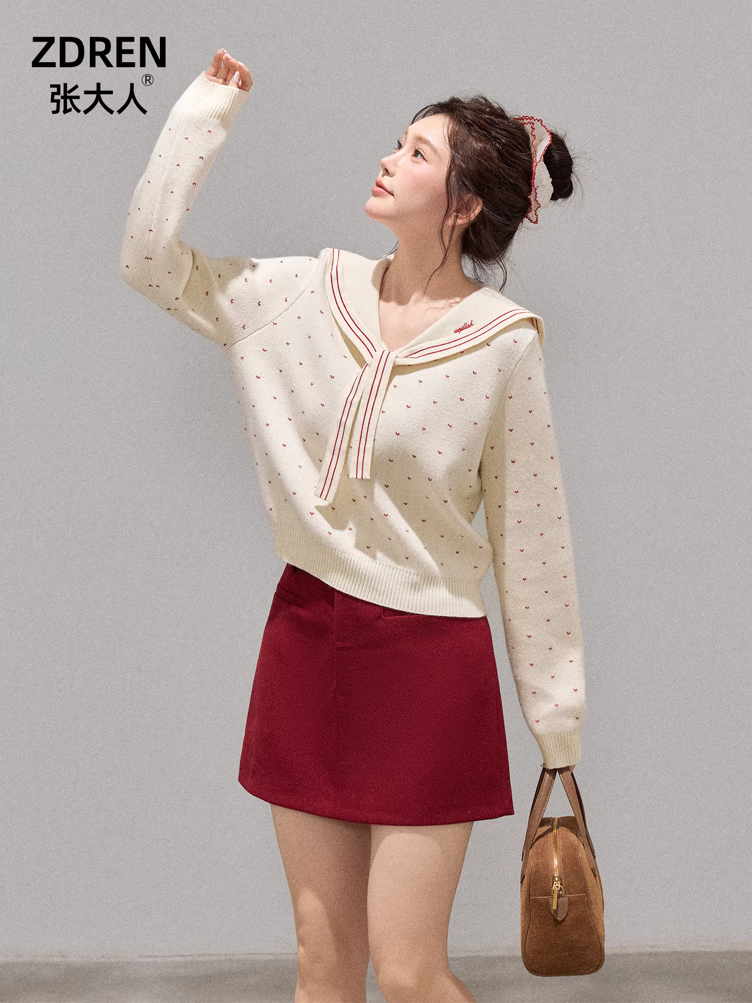 Quần áo nữ cỡ lớn dành cho người lớn, trang phục giảm béo cho các cô gái mũm mĩm, bộ trang phục ootd, áo dệt kim phong cách preppy, váy đỏ