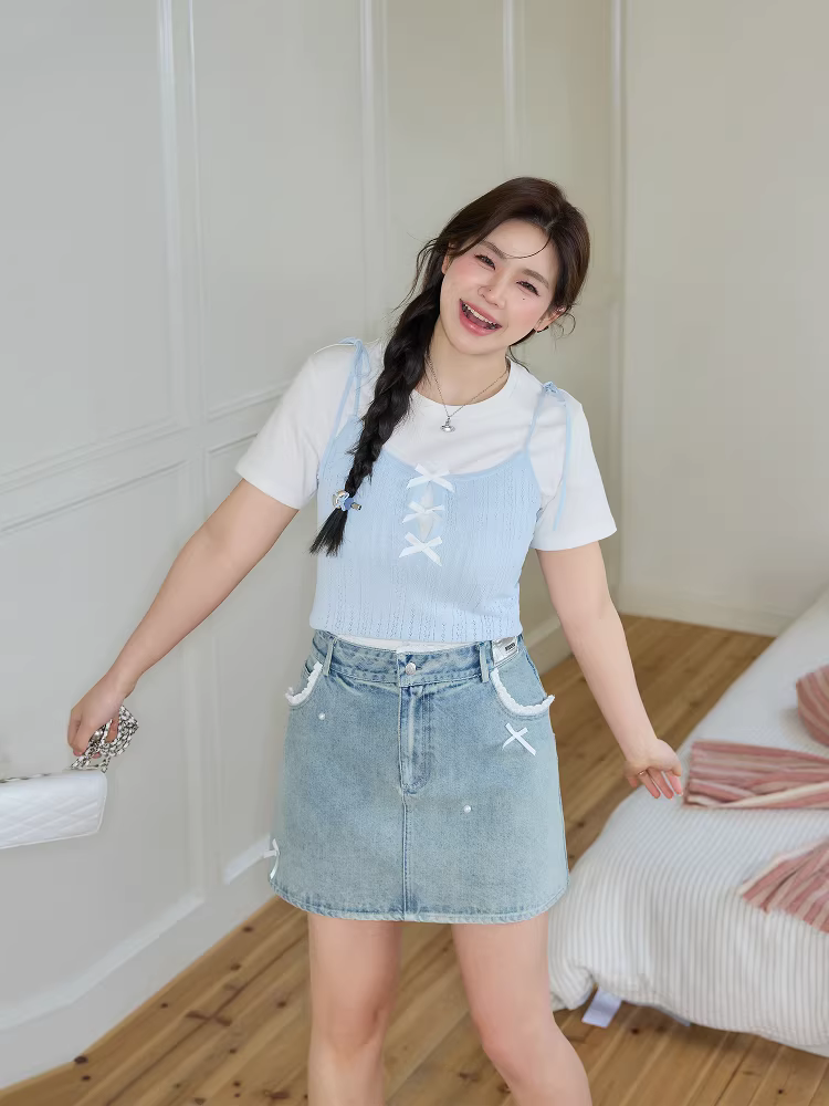 Bộ quần áo mùa hè cỡ lớn dành cho nữ của Zhang Daren dành cho phụ nữ mũm mĩm, giúp thon gọn, tươi trẻ và trẻ trung, áo thun ngắn tay, váy denim lưng cao.