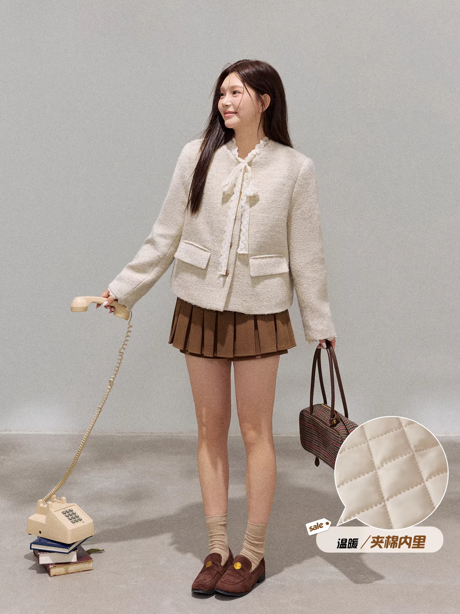 Bộ quần áo len dáng dài thanh lịch, màu cà phê, dành cho phụ nữ mũm mĩm, mùa thu đông, giúp thon gọn vóc dáng.