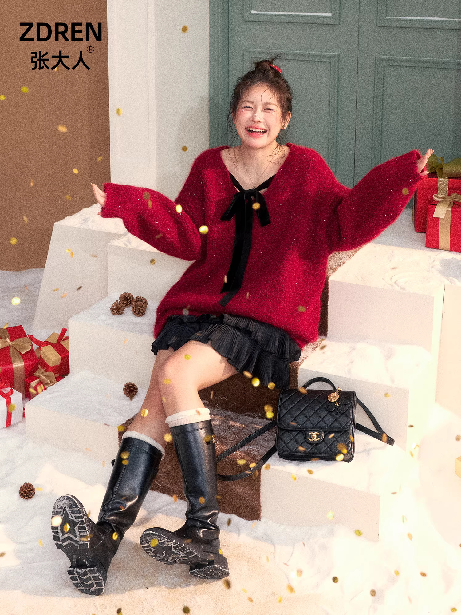 Quần áo nữ cỡ lớn dành cho người lớn, phong cách Hàn Quốc, áo len đỏ thắt nơ ngọt ngào và váy đen.