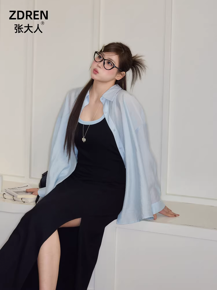 Quần áo thu đông cỡ lớn dành cho nữ của Zhang Daren dành cho những cô nàng mũm mĩm, bộ đồ hai mảnh giúp thon gọn, áo sơ mi thanh lịch, váy cổ yếm thuần khiết và quyến rũ.