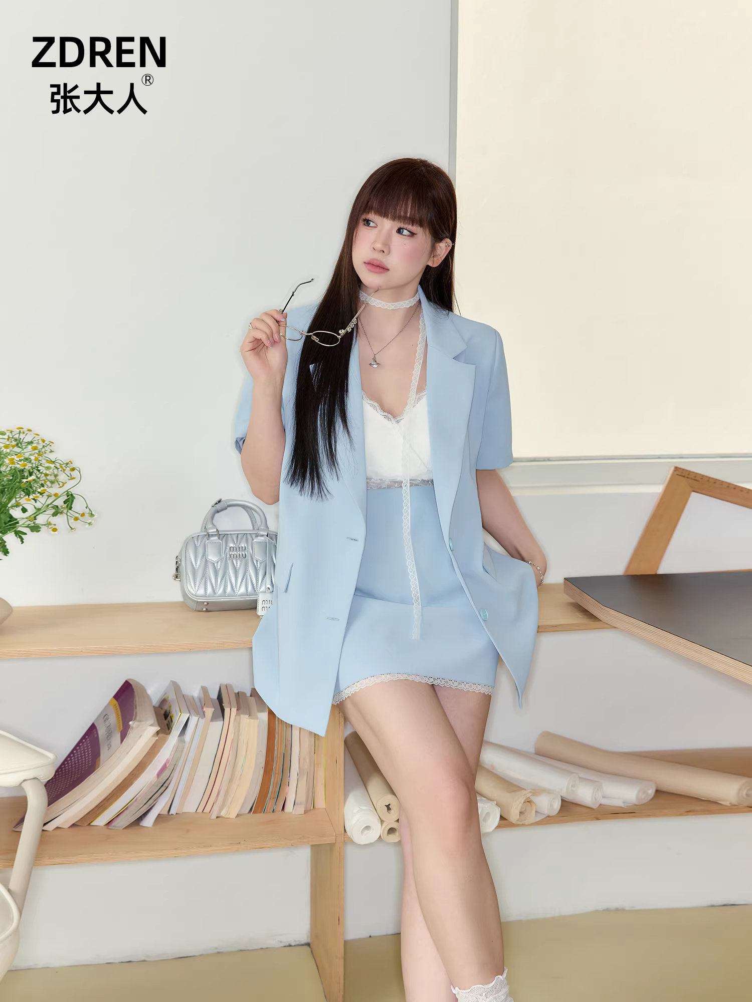 Quần áo nữ cỡ lớn dành cho người lớn, bộ vest màu xanh, áo khoác dáng rộng thời trang, chân váy công sở mùa hè.