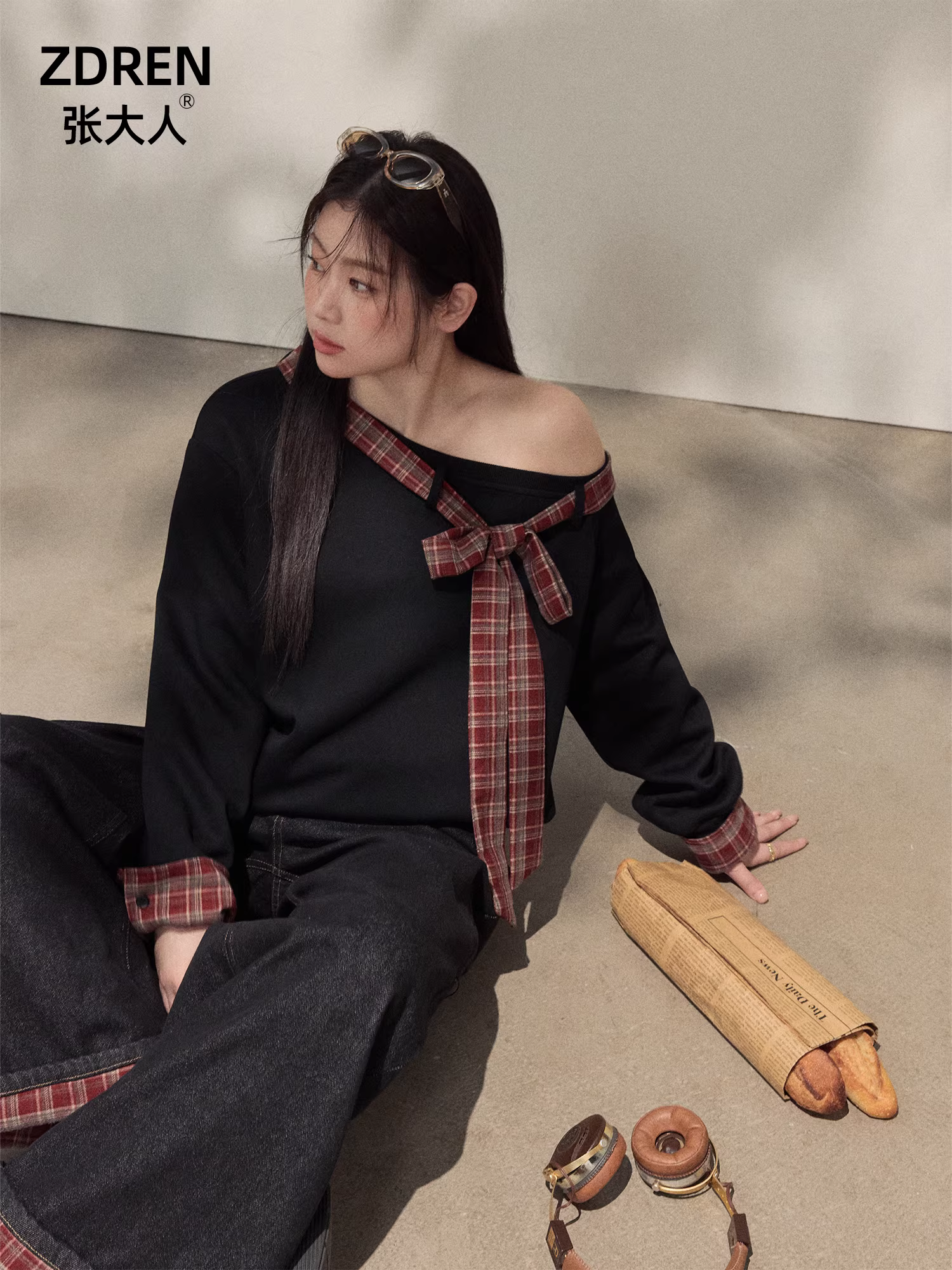 Quần áo nữ cỡ lớn dành cho người lớn, trang phục giảm béo cho các cô gái mũm mĩm, thời trang Hàn Quốc, áo giả hai mảnh với thiết kế thời trang, quần jean.