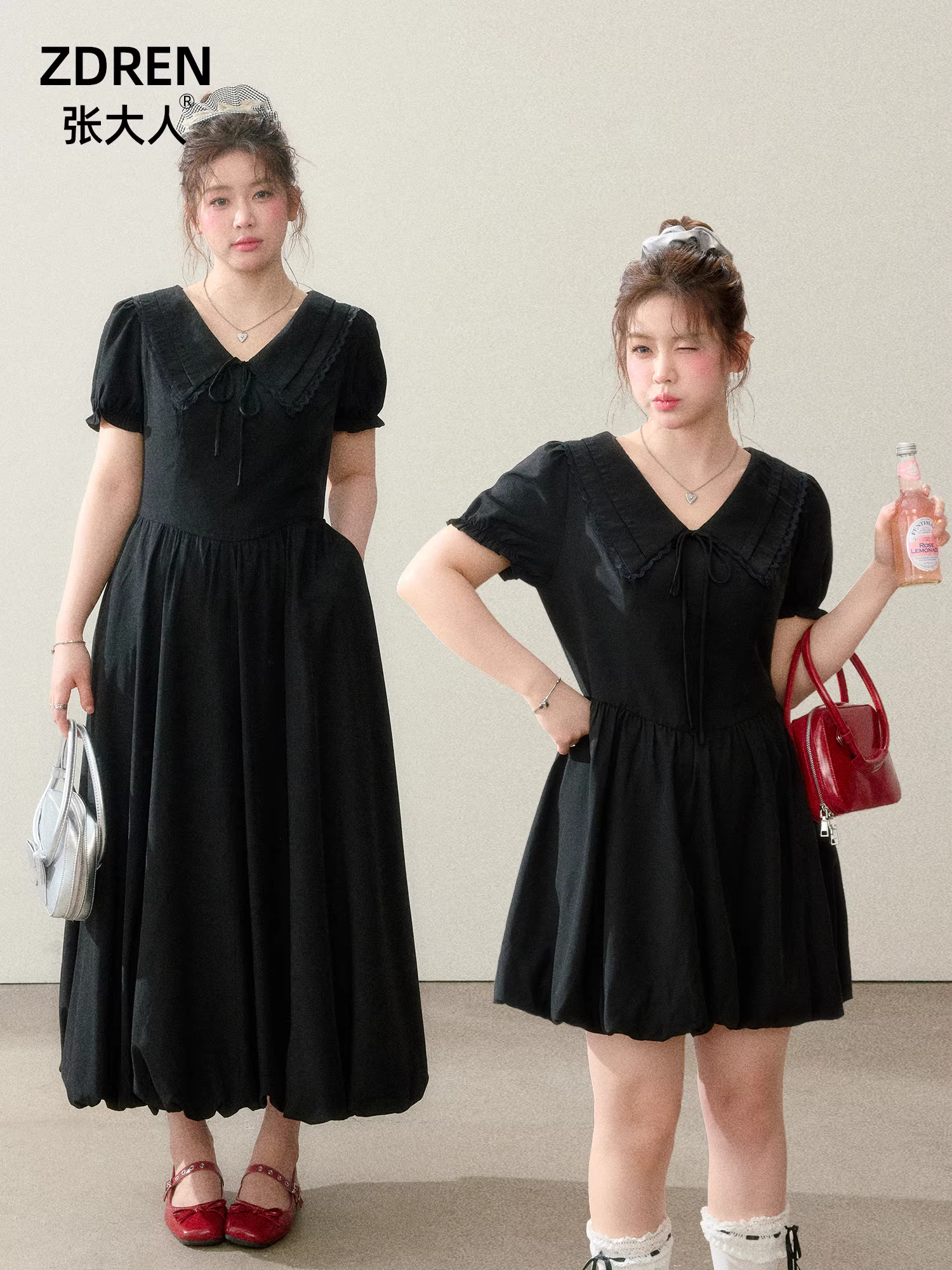 Zhang Daren 2025 Quần áo nữ cỡ lớn mùa hè dành cho phụ nữ hơi mũm mĩm, Váy đen nhỏ gọn giúp thon gọn, Váy hoa kiểu Pháp mới có dây buộc eo.
