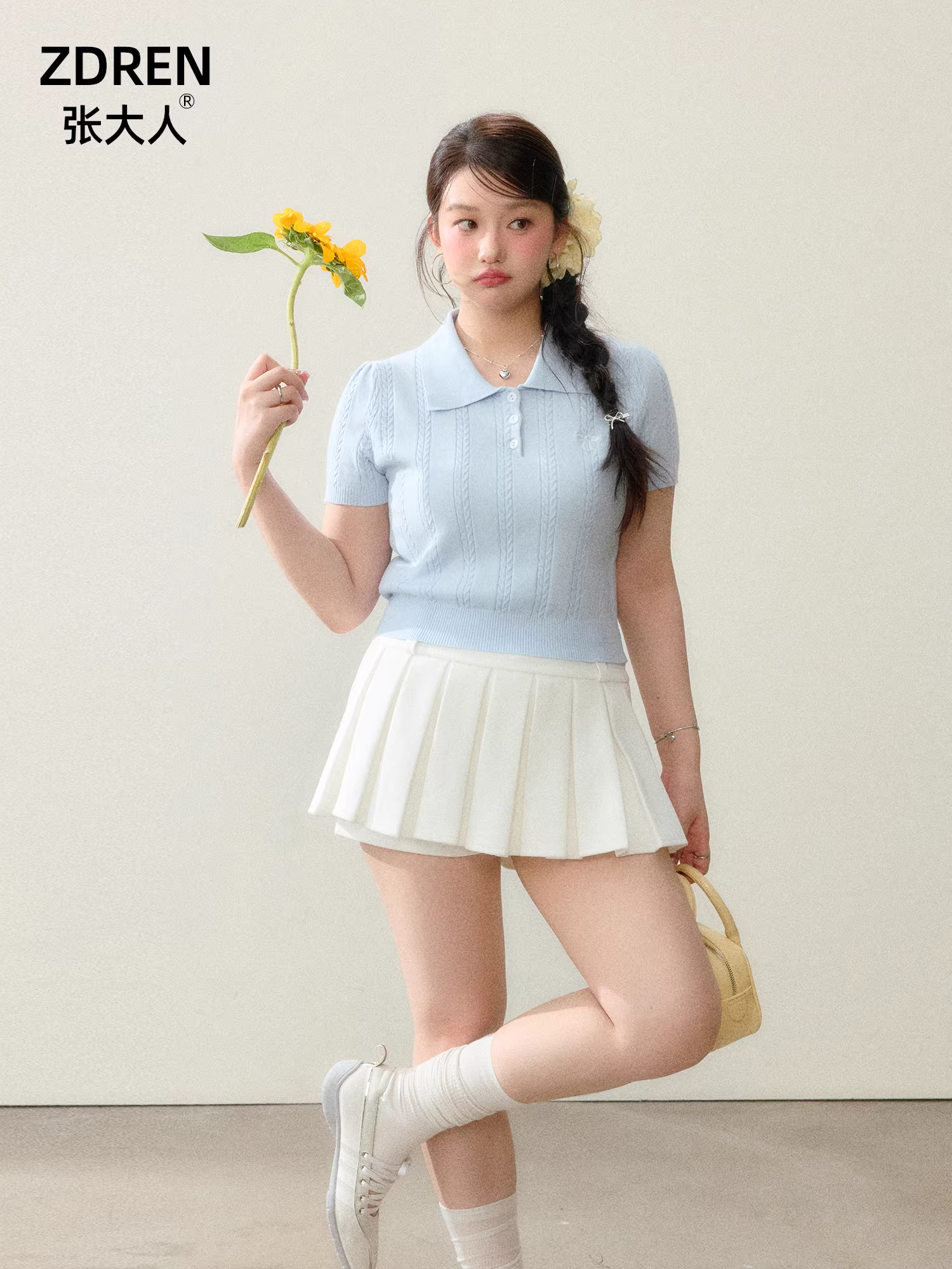 Quần áo nữ cỡ lớn dành cho người lớn, áo thun ngắn tay dệt kim kiểu dáng tươi mát, tôn dáng mùa hè với quần váy xếp ly lưng cao.