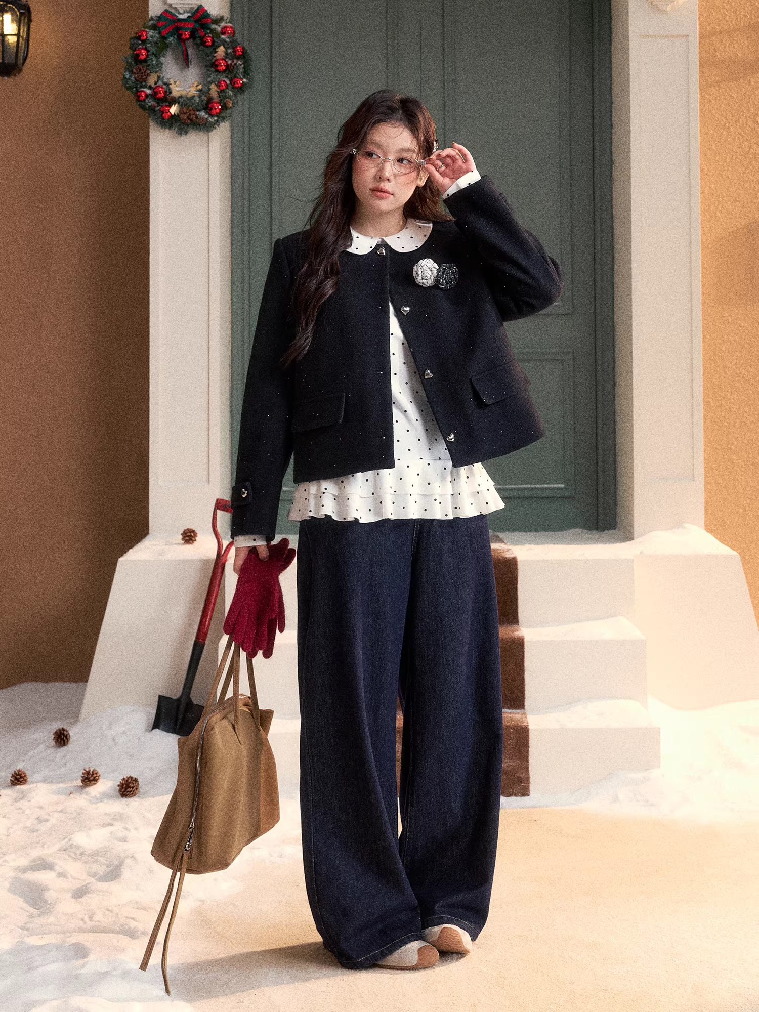 Quần áo nữ cỡ lớn dành cho những cô gái hơi mũm mĩm, áo sơ mi dài tay cổ búp bê kiểu Pháp mùa đông kiểu Pháp.