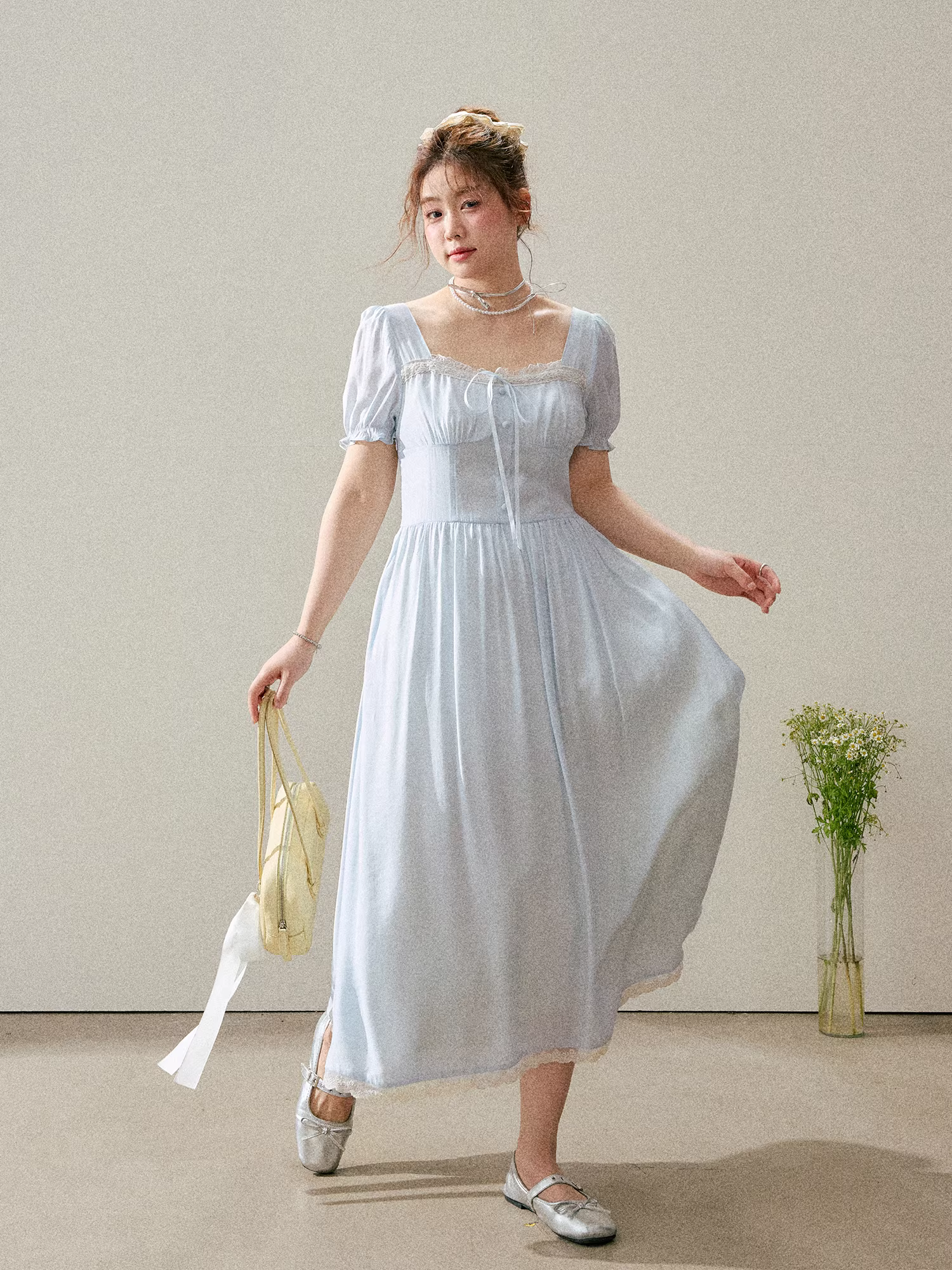 Quần áo nữ cỡ lớn dành cho người lớn, váy mới tôn dáng và thanh lịch, váy chữ A màu xanh kiểu Pháp.