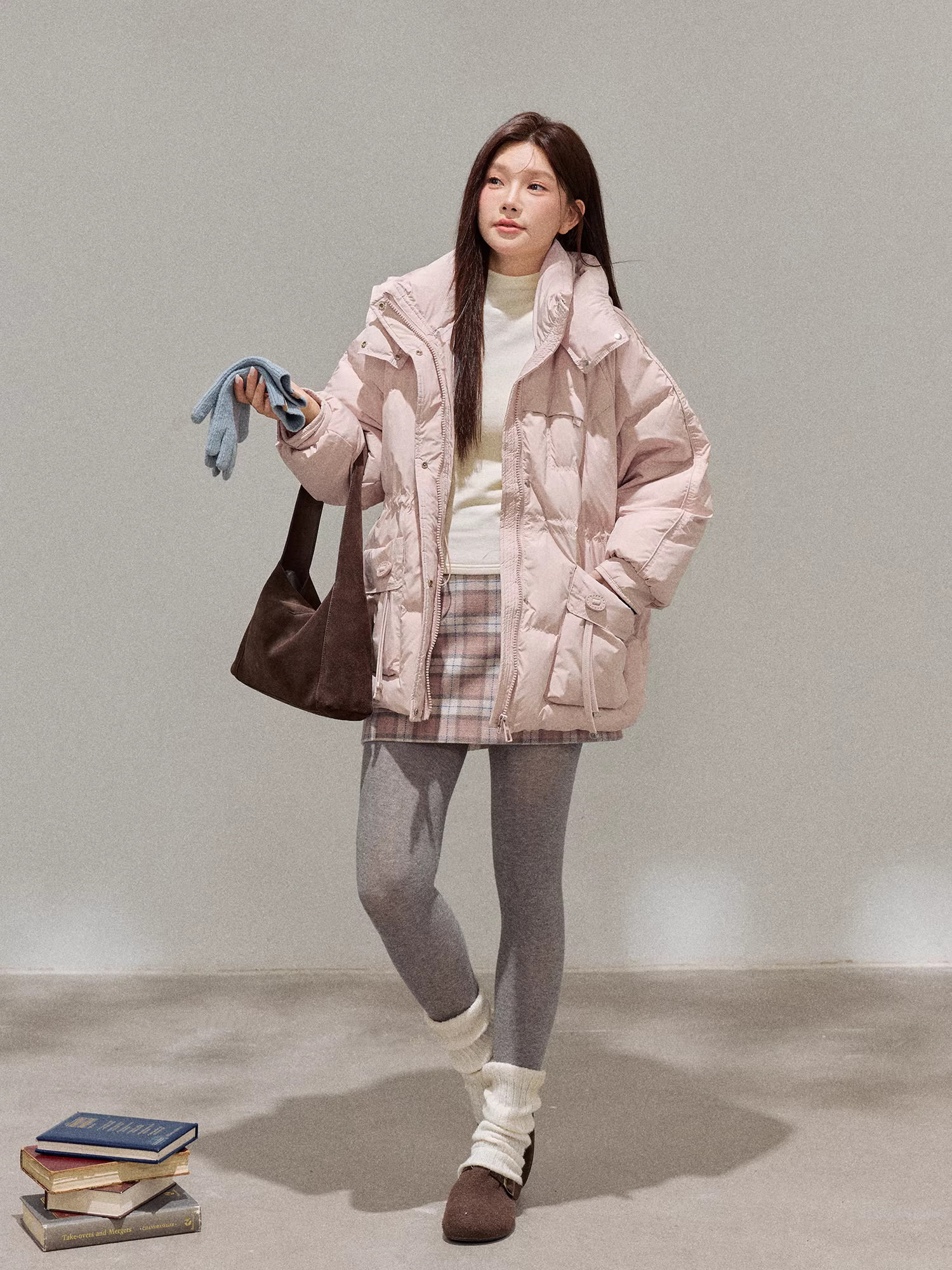 Quần áo nữ cỡ lớn dành cho người lớn, váy ngắn thẳng kẻ sọc hồng len cao cấp kiểu Hàn Quốc mới mùa thu đông.