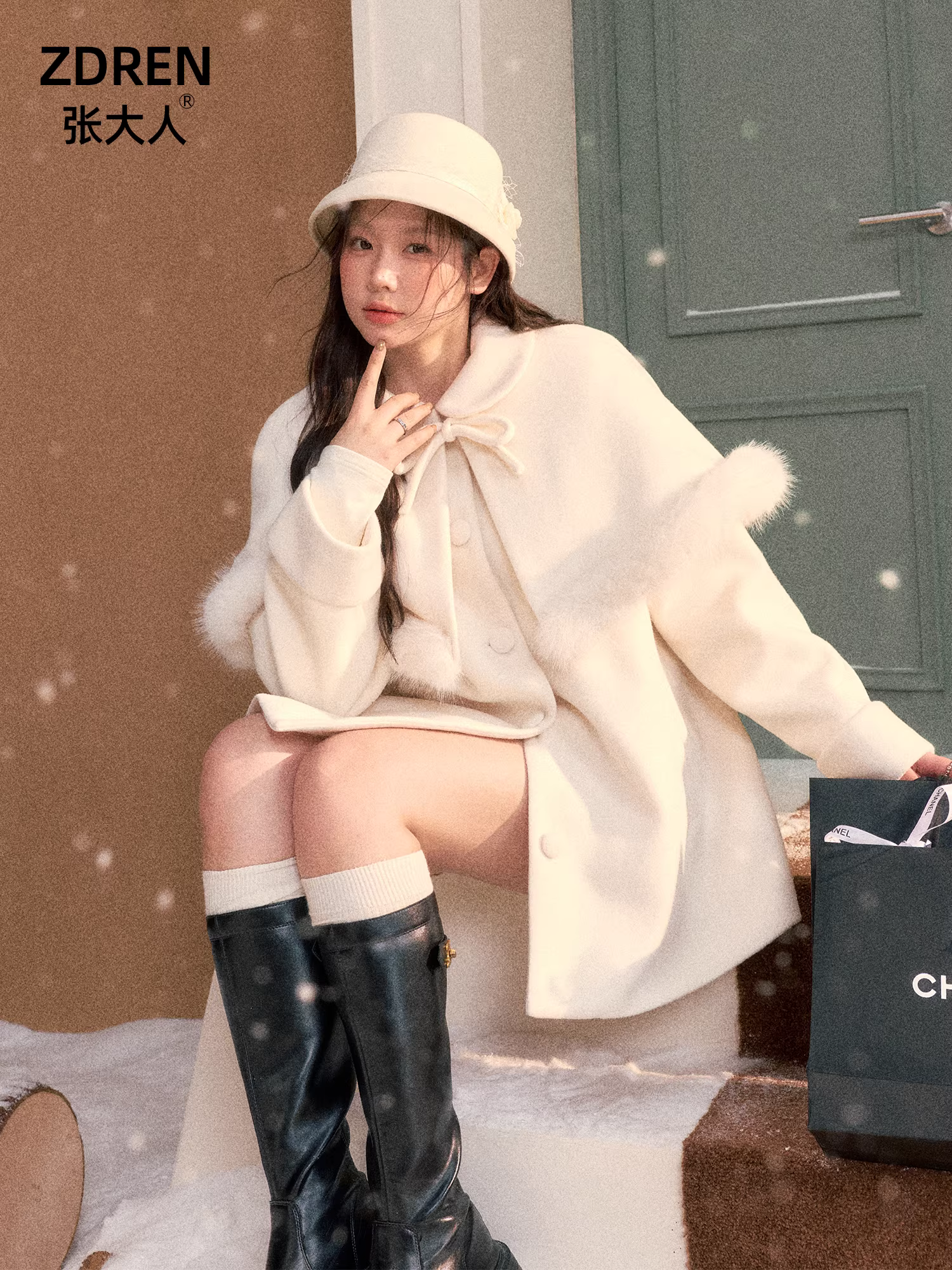 Quần áo nữ cỡ lớn dành cho người lớn, hơi mũm mĩm, phong cách Hàn Quốc, giảm béo mùa đông, phong cách thanh lịch, bộ áo khoác và váy len màu trắng sữa.