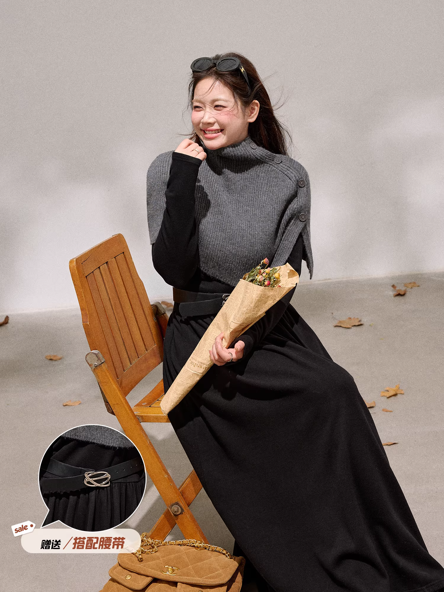 Quần áo nữ cỡ lớn dành cho người lớn, váy đen kiểu Pháp tôn dáng, bộ váy áo choàng cổ cao màu xám.