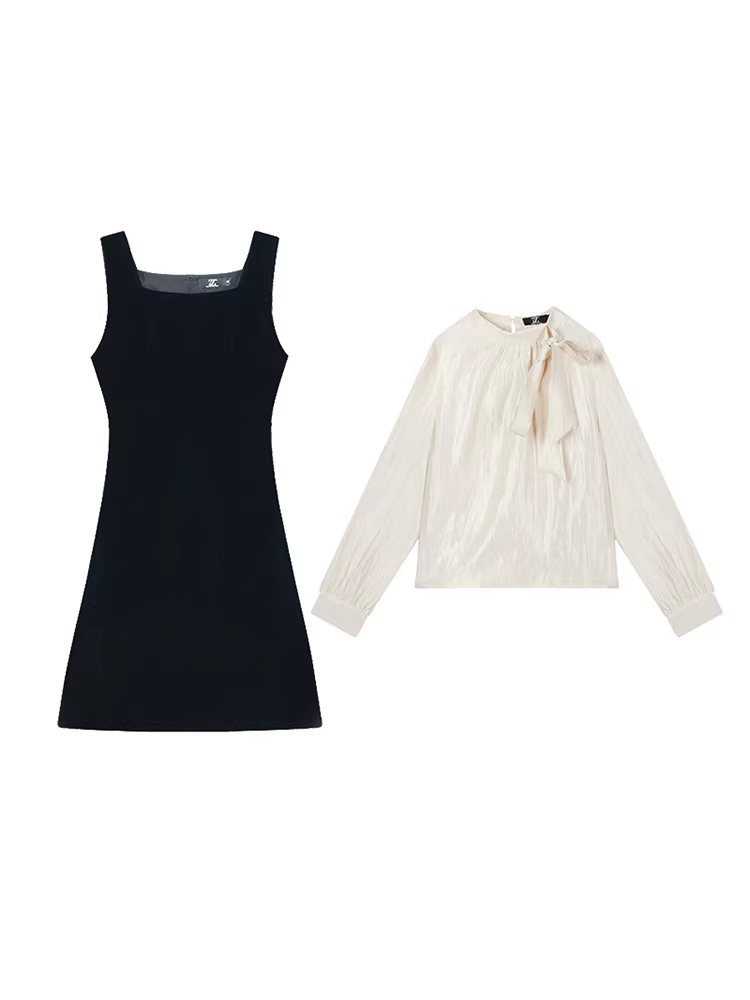 Bộ váy đen dài tay, kiểu dáng ôm eo, giảm tuổi tác, có dây đeo, dành cho phụ nữ, thích hợp cho các buổi họp mặt thường niên.