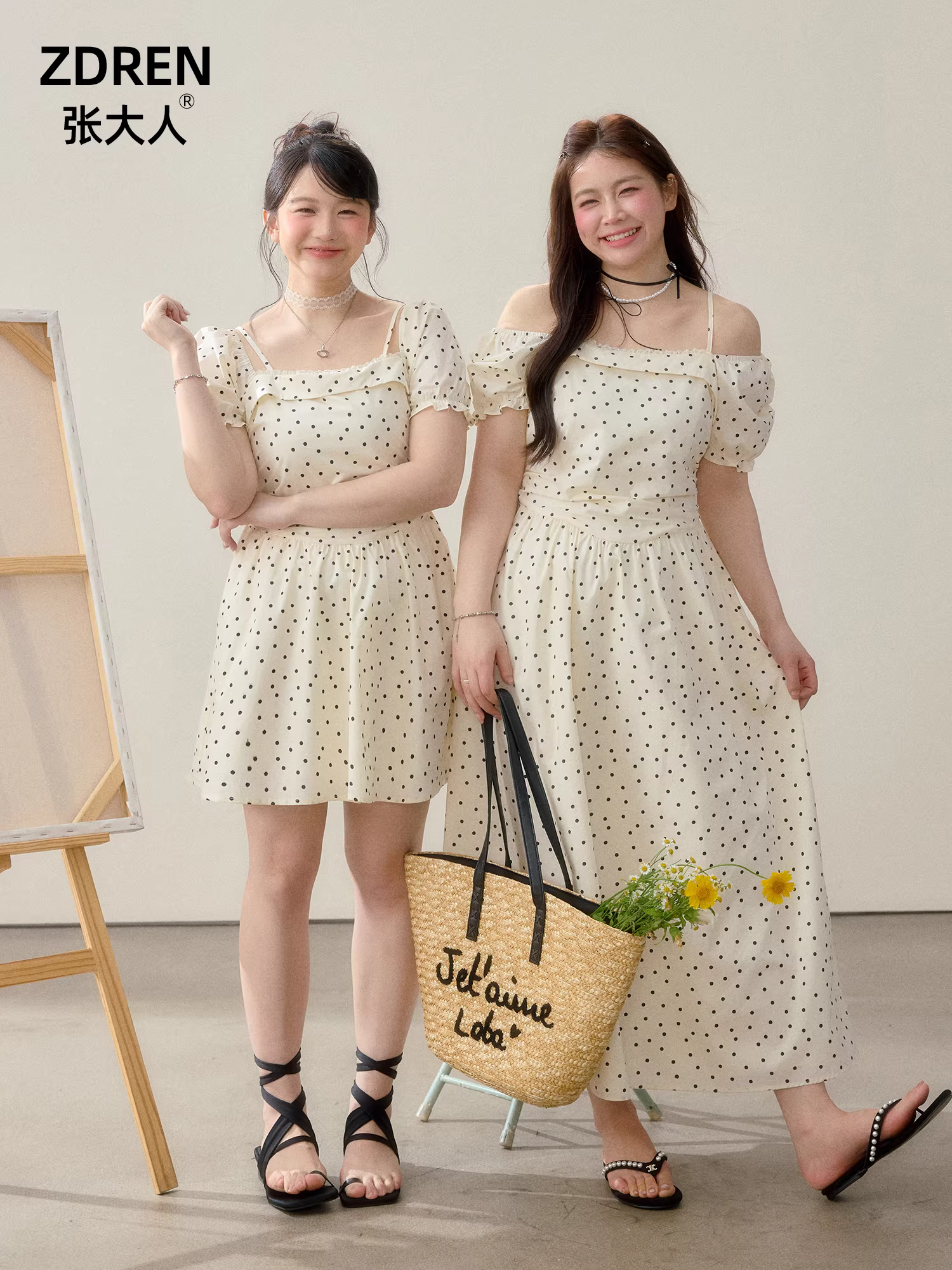 Quần áo mùa hè cỡ lớn dành cho nữ của Zhang Daren dành cho những cô nàng mũm mĩm, váy giảm béo với phong cách thuần khiết và dịu dàng, váy chấm bi lệch vai, ôm eo.