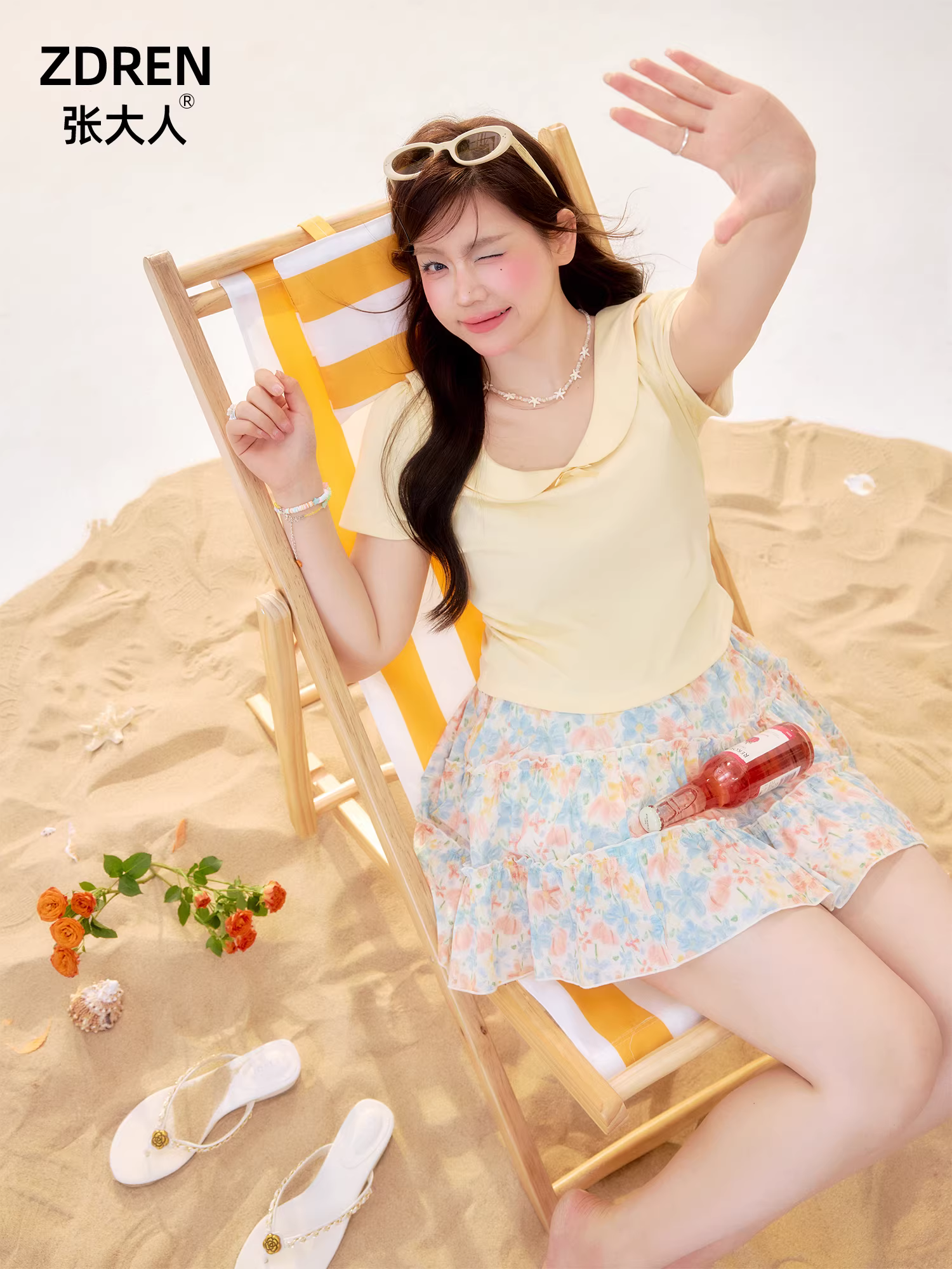 Bộ quần áo nữ cỡ lớn kiểu Thái Zhang Daren dành cho các cô gái mũm mĩm, áo thun ngắn tay cổ búp bê giảm béo với váy in hoa