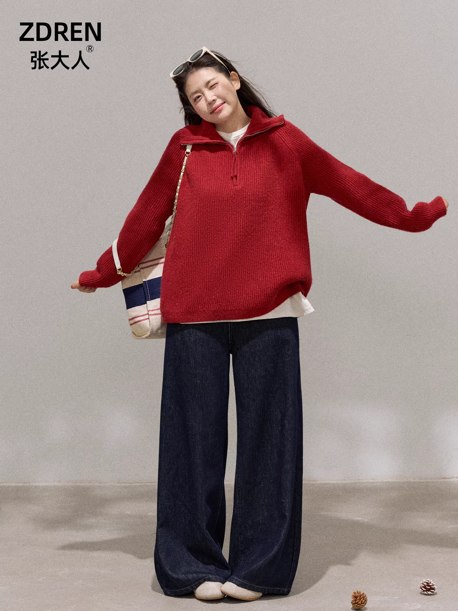 Quần áo nữ cỡ lớn dành cho người lớn, áo khoác len màu đỏ kiểu dáng Hàn Quốc tôn dáng và bộ đồ denim cạp cao.