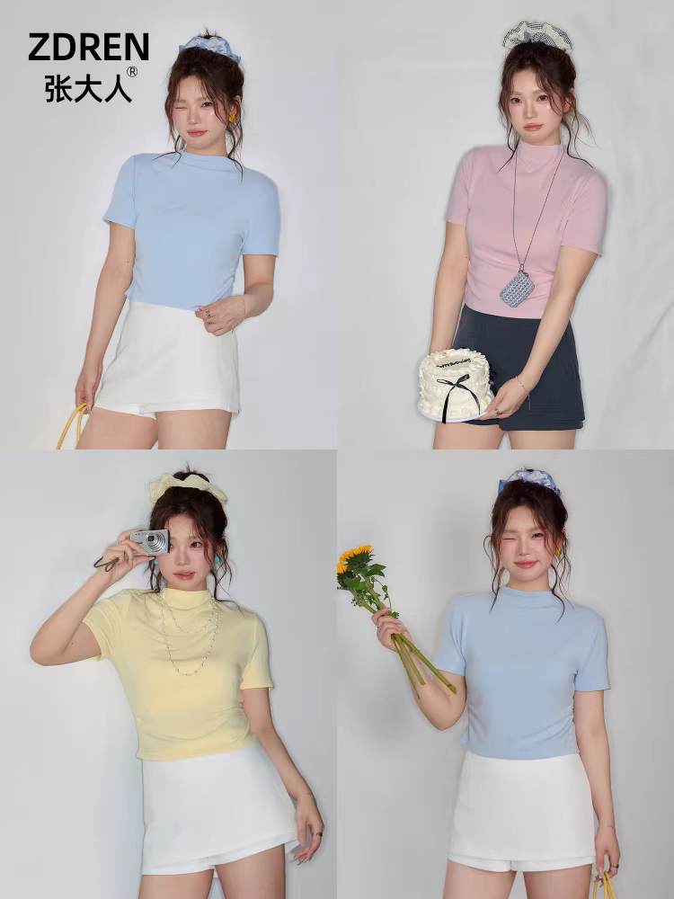 Quần áo mùa hè cỡ lớn dành cho nữ của Zhang Daren dành cho những người phụ nữ hơi mũm mĩm, áo thun ngắn tay thon gọn, áo thun ôm sát cổ cao nửa cổ giảm tuổi tác dopamine.