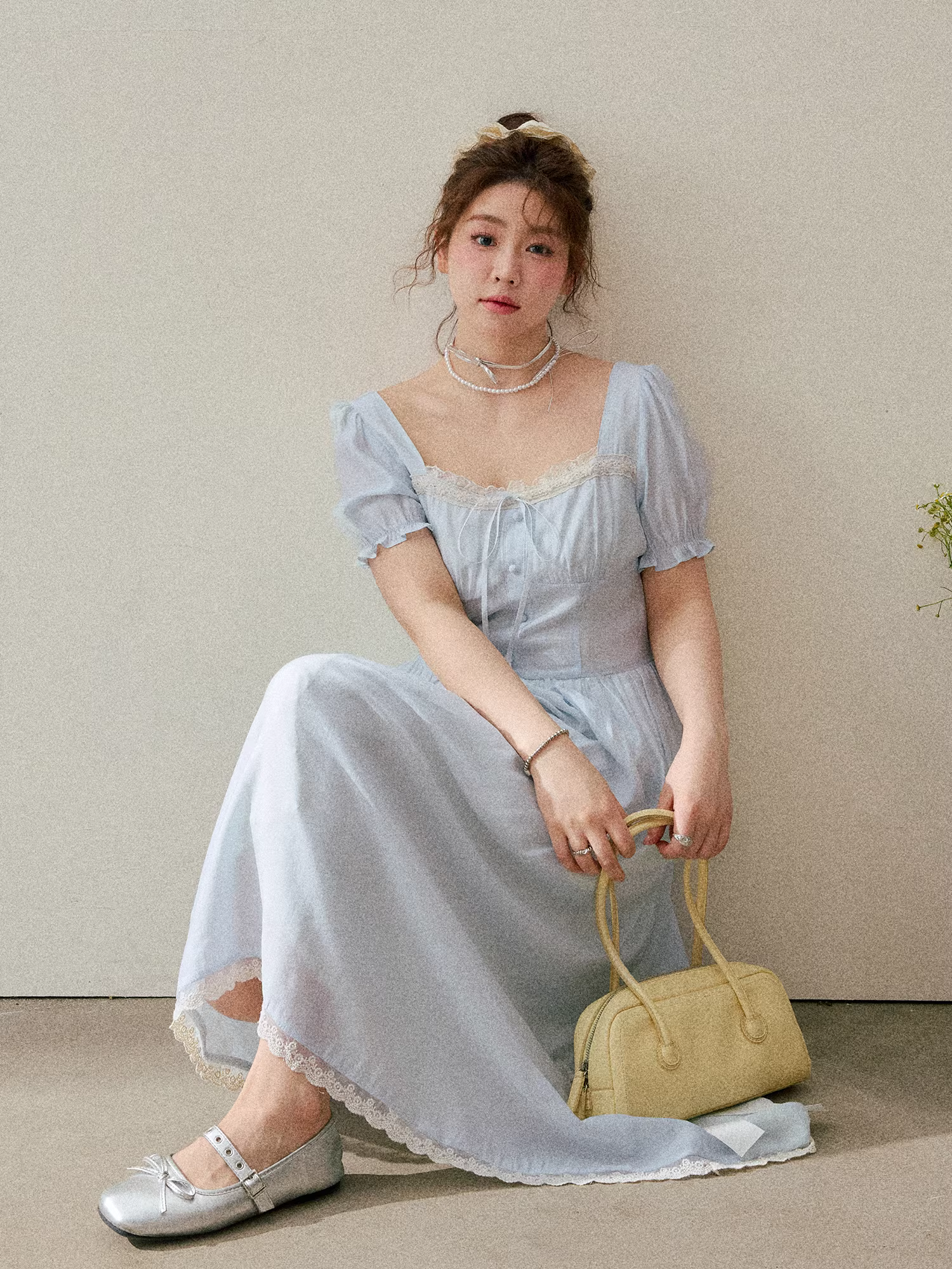 Quần áo nữ cỡ lớn dành cho người lớn, váy mới tôn dáng và thanh lịch, váy chữ A màu xanh kiểu Pháp.