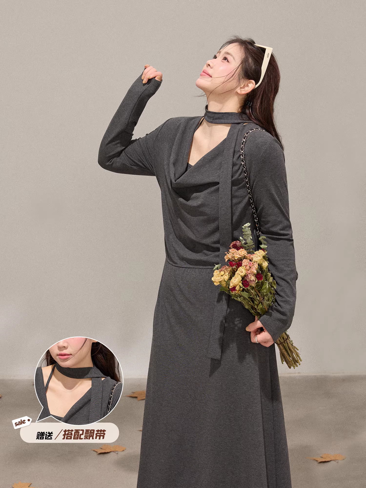 Quần áo nữ cỡ lớn dành cho người lớn, đầm ôm dáng cổ cao màu xám đậm thanh lịch phong cách Hàn Quốc mùa đông.