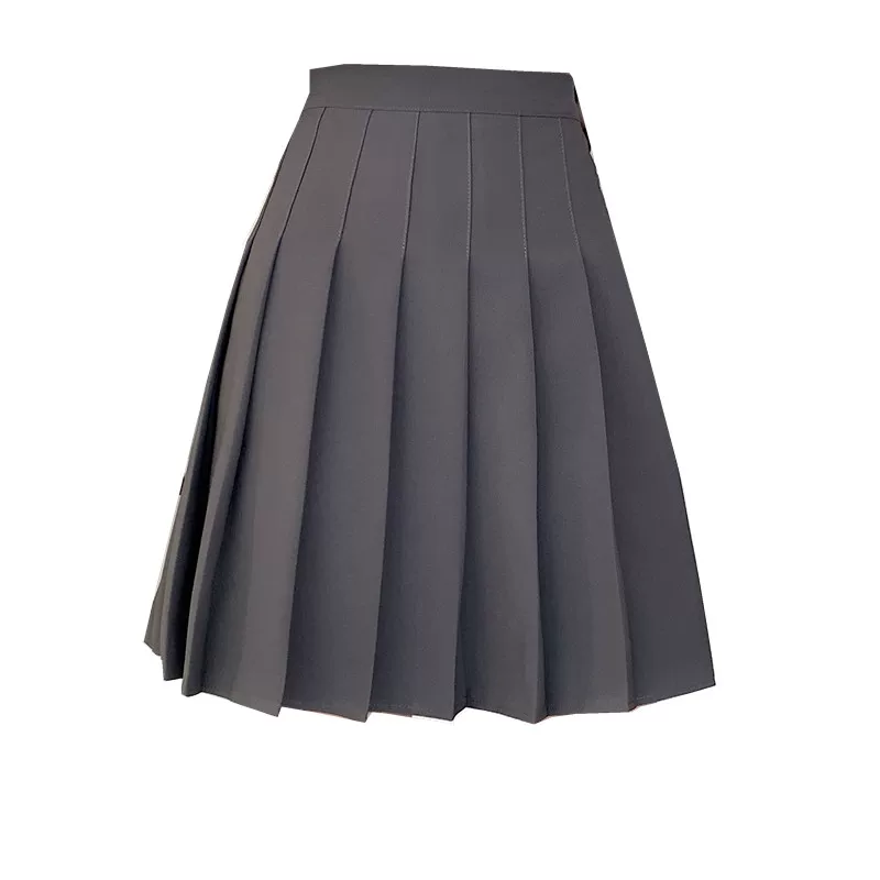 Váy xếp ly màu xám cỡ lớn dành cho nữ, mùa hè, váy trắng lưng cao, dài vừa phải, phong cách học sinh, váy chữ A kiểu JK giúp thon gọn.