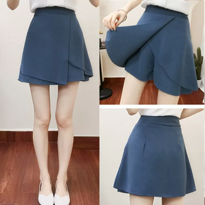 Quần váy ngắn voan mùa hè dành cho nữ, cỡ lớn, lưng cao, chống lộ, váy chữ A, váy ngắn không đều, váy nửa thân màu trơn thường ngày