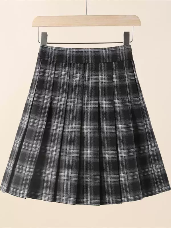 Váy kẻ sọc đỏ len cỡ lớn, váy xếp ly dày dành cho nữ, váy chữ A phong cách đại học mùa thu đông, váy ngắn kẻ sọc cà phê.