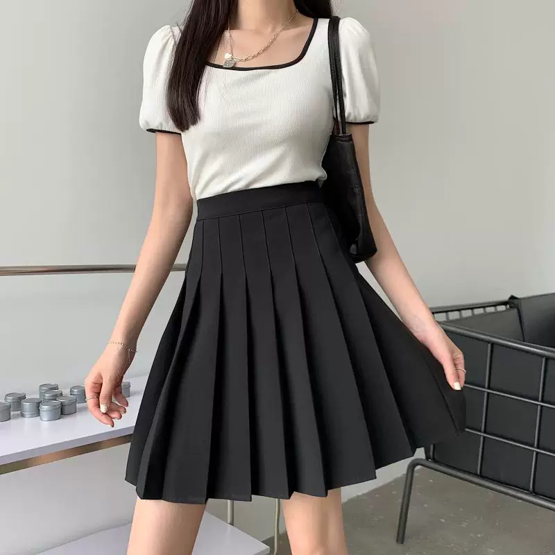 Váy xếp ly màu xám cỡ lớn dành cho nữ, mùa hè, váy trắng lưng cao, dài vừa phải, phong cách học sinh, váy chữ A kiểu JK giúp thon gọn.