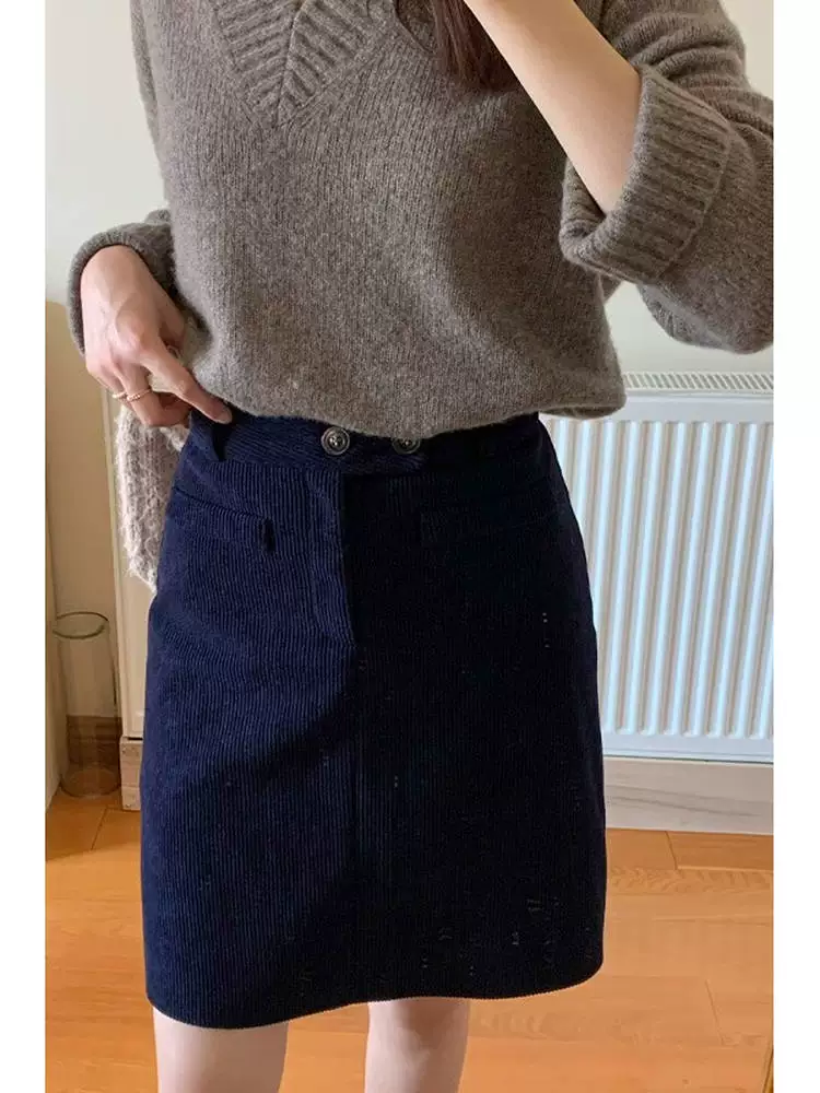 Váy nhung kẻ sọc xanh hải quân dành cho nữ, váy midi dáng chữ A mùa thu đông, cạp cao, cỡ lớn, tôn dáng, váy bút chì, váy ngắn.