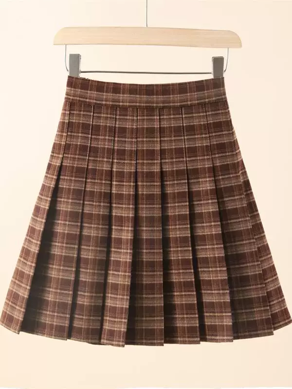 Váy kẻ sọc đỏ len cỡ lớn, váy xếp ly dày dành cho nữ, váy chữ A phong cách đại học mùa thu đông, váy ngắn kẻ sọc cà phê.