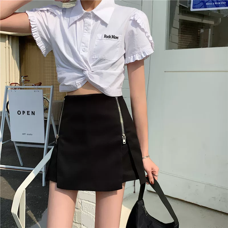 Váy ôm hông cho nữ, mùa xuân hè, xẻ tà, lưng cao, ôm dáng, váy chữ A không đều, quần váy cỡ lớn màu đen, váy ngắn