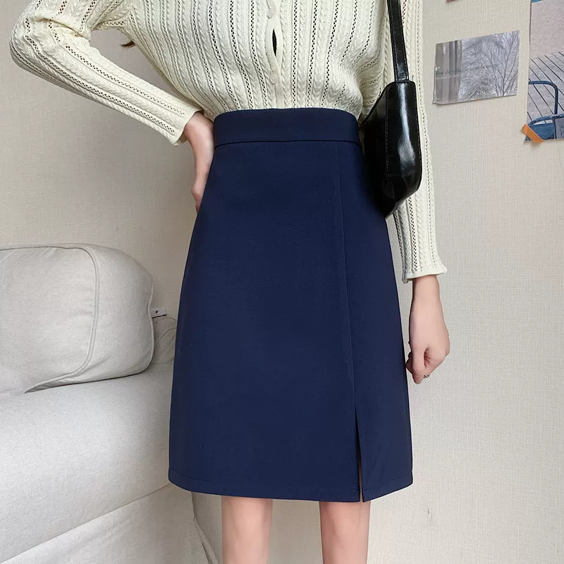 Váy bút chì xẻ tà màu xám lưng cao dành cho nữ, cỡ lớn, dài vừa phải, váy chữ A, váy công sở, mùa thu.