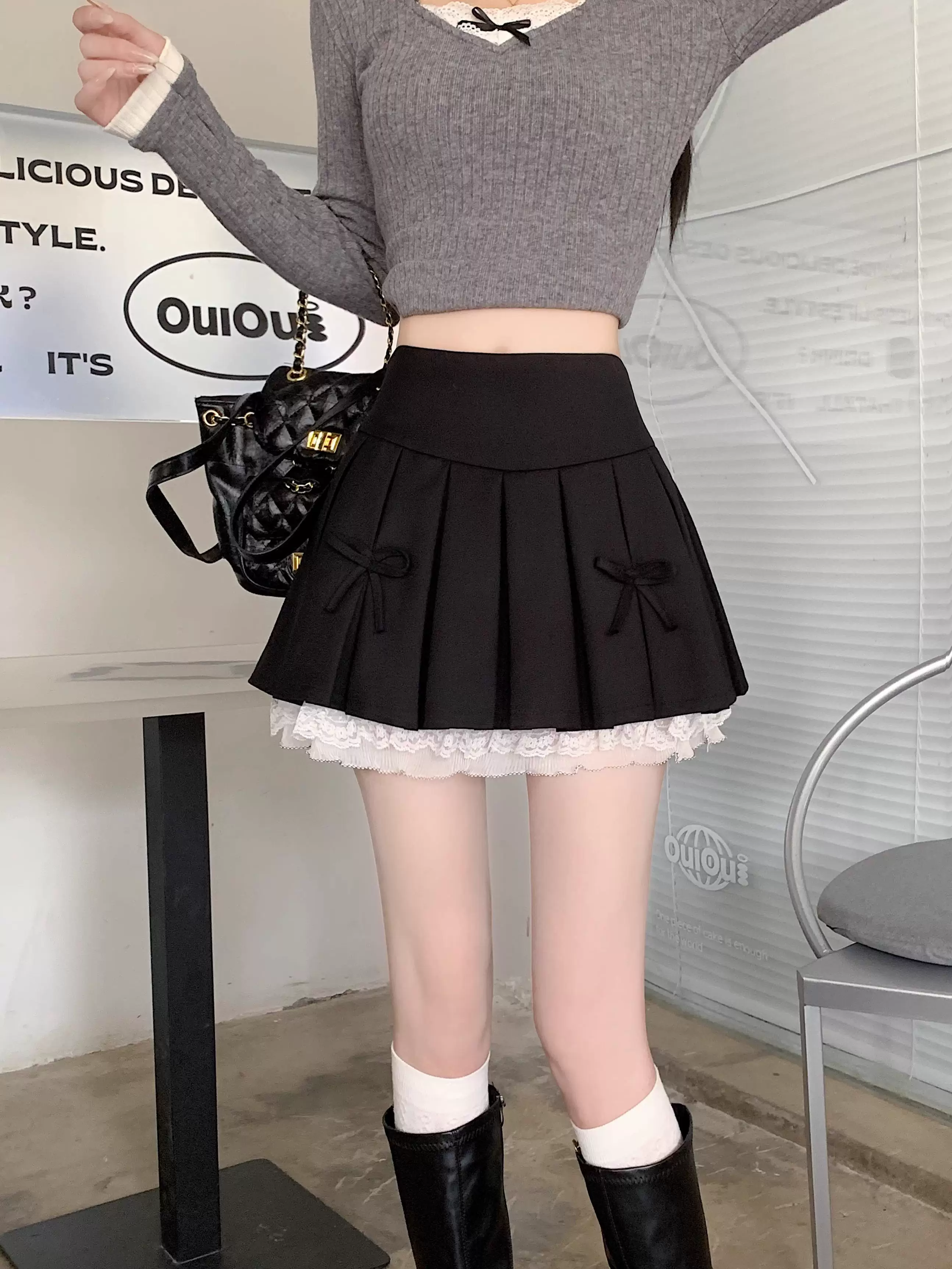 Váy xòe phối ren cỡ lớn dành cho nữ, thiết kế mùa hè, váy xếp ly nơ màu xám, váy ngắn chữ A lưng cao.