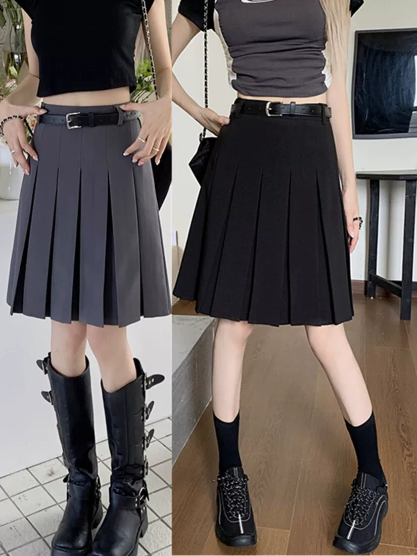 Váy xếp ly màu xám dành cho nữ, dài vừa phải, mùa hè, cỡ lớn, che hông, dáng chữ A, lưng cao, thon gọn, váy nửa thân kiểu JK.