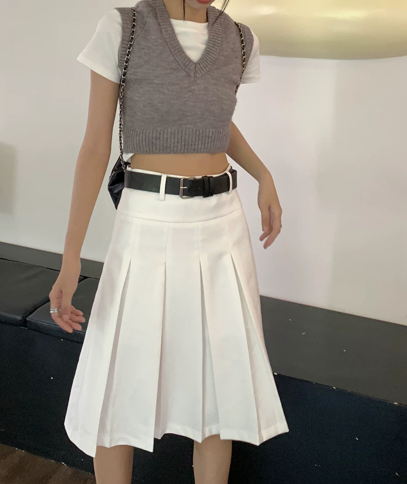 Quần váy xếp ly trắng lưng cao cỡ lớn dành cho nữ, dài vừa phải, phong cách mới thu đông 2022, dáng quả lê, váy dài chữ A