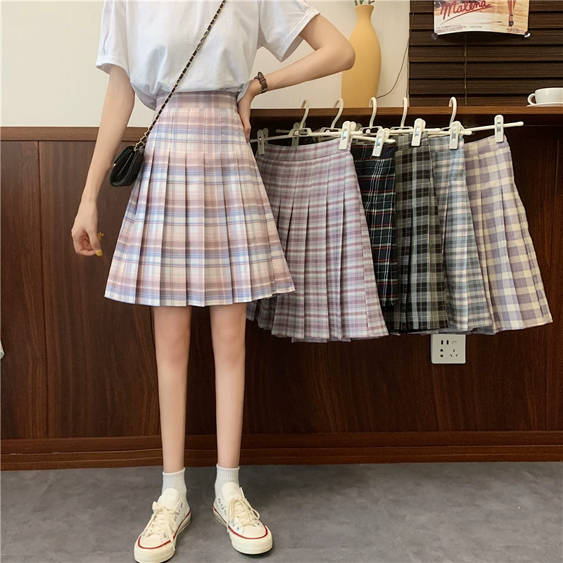 Váy kẻ sọc JK váy xếp ly màu tím váy dài vừa phải dành cho phụ nữ cỡ lớn váy chữ A cạp cao kiểu dáng học sinh giúp thon gọn