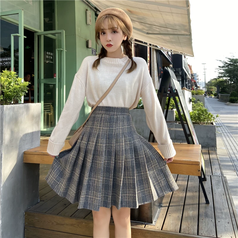 Váy xếp ly kẻ sọc kaki len cho nữ, váy ngắn dáng chữ A cạp cao, size lớn, dành cho người mũm mĩm, mùa thu đông, kiểu váy xòe