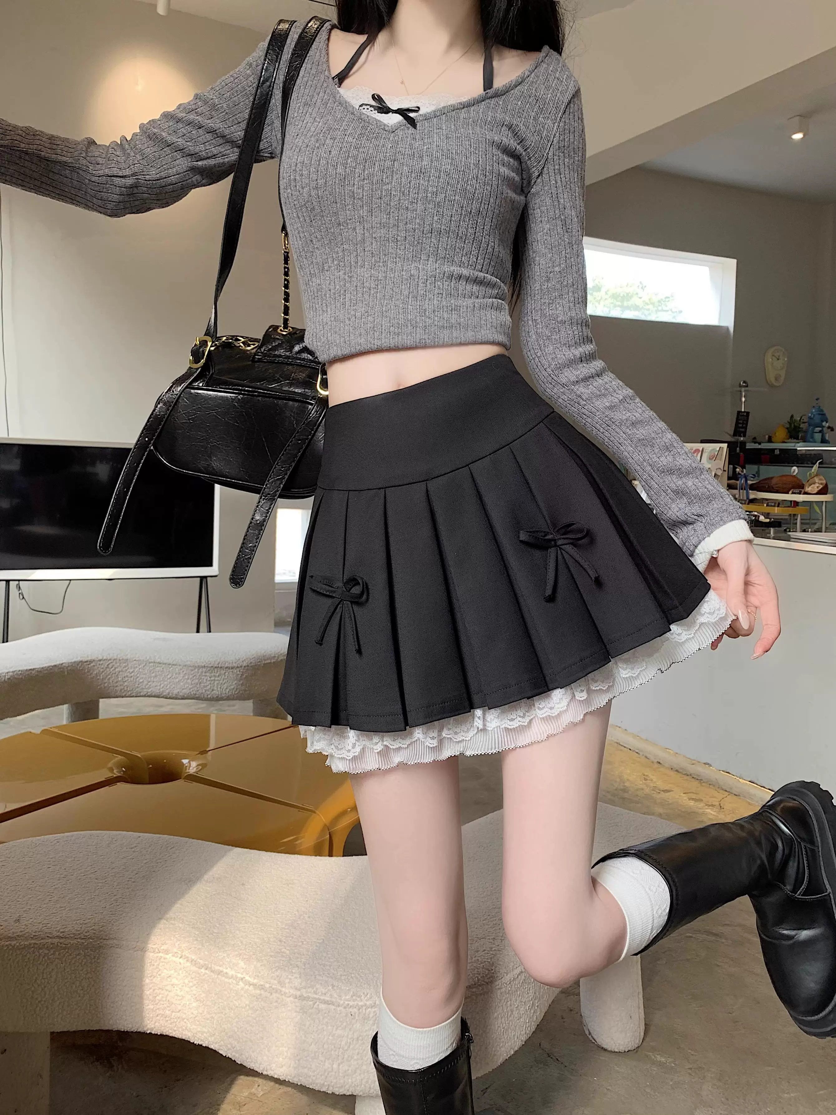 Váy xòe phối ren cỡ lớn dành cho nữ, thiết kế mùa hè, váy xếp ly nơ màu xám, váy ngắn chữ A lưng cao.