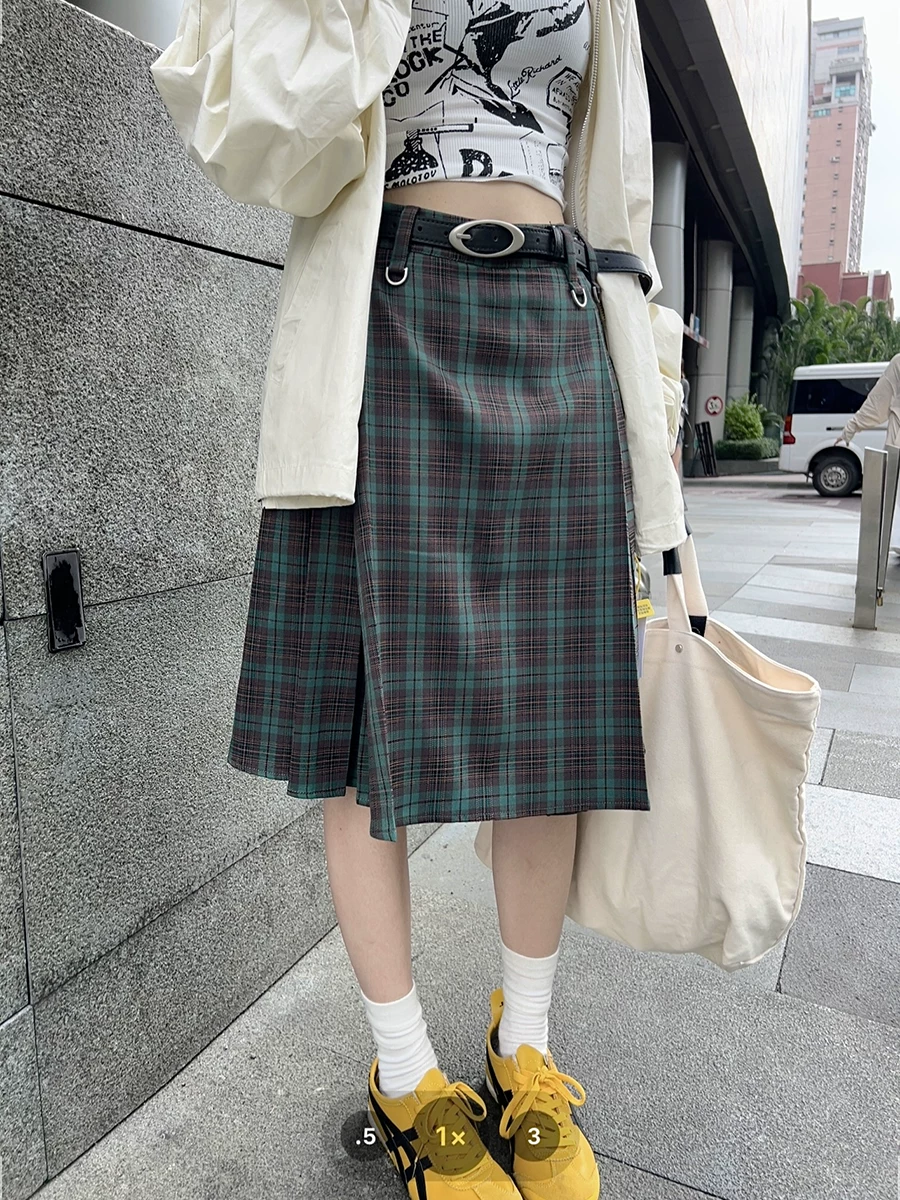 Váy midi kẻ sọc cho nữ, mùa thu đông, che hông, cạp cao, váy chữ A ôm dáng, dáng rộng, váy dài xếp ly sành điệu.