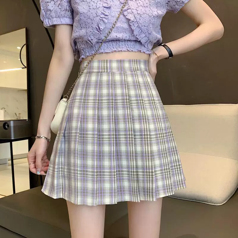 Váy kẻ sọc cỡ lớn JK váy xếp ly dành cho nữ mùa hè phong cách Hàn Quốc eo cao giảm béo phong cách học sinh Váy chữ A dành cho những cô gái mũm mĩm váy ngắn kẻ sọc